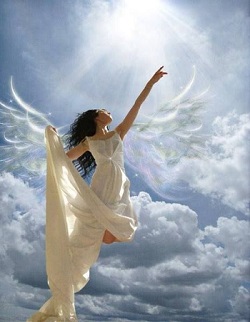 Angel dressed in a long off white gown hovering in the clouds depicting that people have real life encounters with guardian angels.