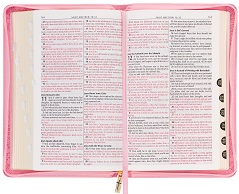 An opened pink Bile showing the scriptures to answer the question "What does the Bible say about Angels."
