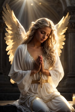 An angel praying over people in their time of need depicting the biblical truth about angels.