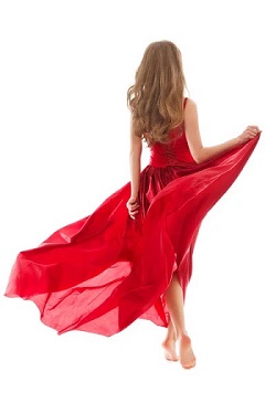 Women in a flowing red chiffon dress representing clothes for women