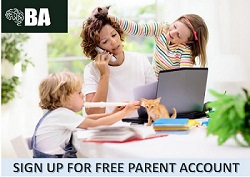 Mom sits at table with her two small children while setting up her Free Parent Account with Brainfood Academy Online Education Platform