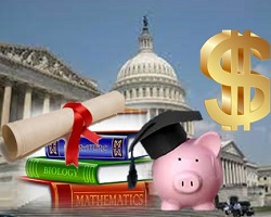 The capitol building in the background with books, a diploma and a piggy bank representing 