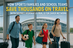 Image of a family walking through the airport saving thousands with sports travel discounts indicating how sports families save thousands on travel every season