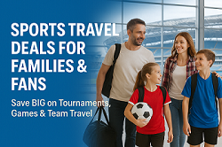 Image of parents and their two kids walking through the airport after using the best discount travel programs for school sports teams