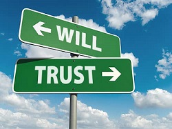 Image of a crossroads sign  in the clear blue sky with clouds reading trust vs will