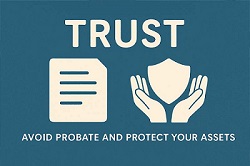 Image of paper representing a trust document and a pair of hands under a protective shield indicating the best trust to avoid probate entirely