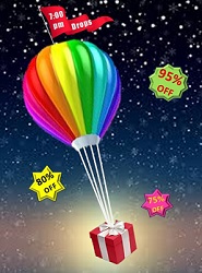 Image of a hot air balloon with product drops. How to get 80% to 90% on brand name products online with Fun Saver Drops