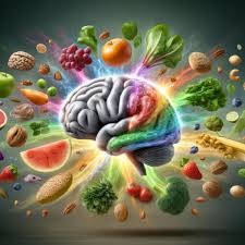 Illustration of a brain with food all around it representing the right brain food to feed on for a healthy brain.