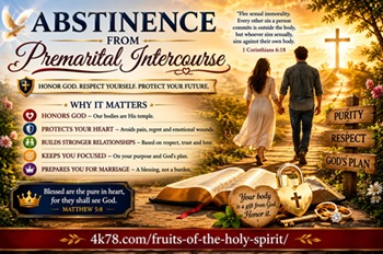 Inspirational Christian illustration about abstinence from premarital intercourse featuring purity self control faith and honoring God through biblical relationships and spiritual growth.