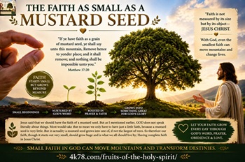 Inspirational Christian illustration about faith as small as a mustard seed showing spiritual growth through Jesus Christ with a tiny seed growing into a large tree symbolizing strong faith in God and the Fruits of the Holy Spirit.