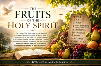 Featured Christian illustration for Fruits of the Holy Spirit Explained showing spiritual fruit symbols, an open Bible, radiant heavenly light, and the fruits of love joy peace patience gentleness goodness faith meekness and self control.
