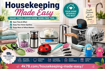 Housekeeping Made Easy featured image showing the best housekeeping gadgets to make cleaning easier, including kitchen cleaning accessories, cooking tools, hands-free cleaning products, and smart home organization solutions for busy families.