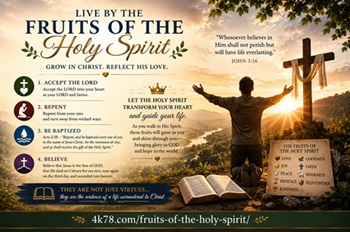 Inspirational Christian closing illustration about living by the Fruits of the Holy Spirit featuring prayer faith spiritual growth an open Bible radiant heavenly light and the fruits of love joy peace patience gentleness goodness faith meekness and self control.
