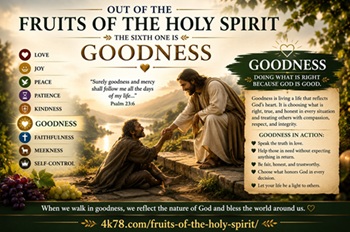 Inspirational Christian illustration representing goodness as the sixth fruits of the Holy Spirit with Jesus showing compassion kindness and spiritual light symbolizing godliness faith and righteous living.