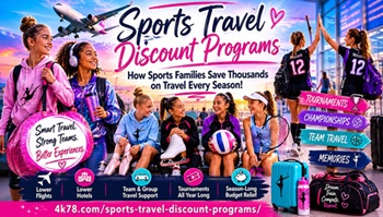 Girls sports teams traveling through an airport with luggage and sports gear promoting sports travel discount programs for dance, volleyball, tennis, skating, and youth tournament travel.
