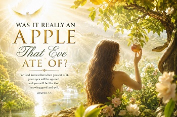 Spiritual depiction of the Garden of Eden with Eve reaching for fruit under glowing light, with reflection on the fruits of the Holy Spirit. illustrating the question was it really an apple that Eve ate of