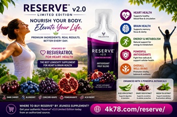 Reserve® v2.0 Limited Edition featuring Resveratrol for heart health, antioxidant-rich super fruits, and botanical extracts supporting vitality, energy, and the best longevity supplement for heart and brain health.