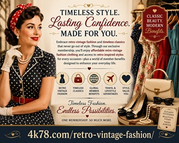 Retro vintage fashion featuring timeless classics, affordable retro vintage fashion clothing, and retro inspired styles available through an exclusive membership with global lifestyle benefits.