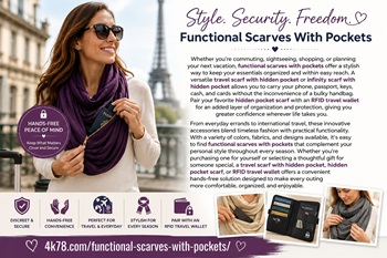 Functional scarves with pockets provide a stylish hands-free solution for carrying your phone, passport, keys, and everyday essentials. Pair an infinity scarf with hidden pocket with an RFID travel wallet for added organization and travel security.