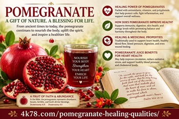 Pomegranate healing power, healing and medicinal properties, biblical meaning, and juice benefits for heart health.