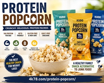 Protein popcorn healthy popcorn snack with 10g protein, keto friendly high protein popcorn, and a healthy family snack alternative to junk food.